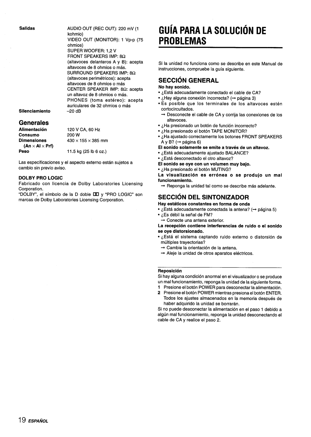 Aiwa AV-D55 manual Problemas, Generales, Seccion General, Seccion DEL Sintonizador 