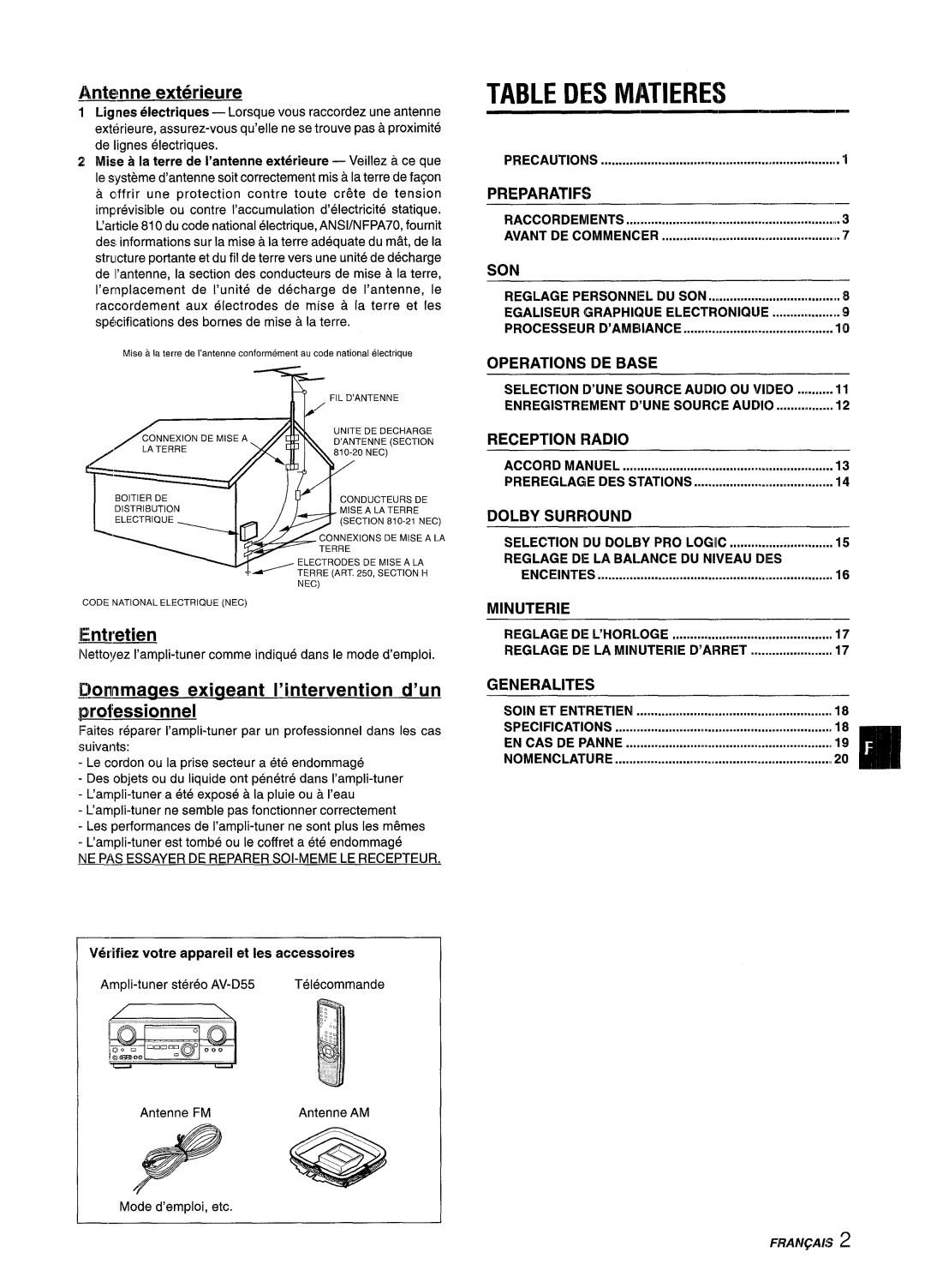 Aiwa AV-D55 manual Table DES Matieres, Antenne exterieure, HWetien, ~nmaaes exiqeant l’intervention d’un P3essionnel 