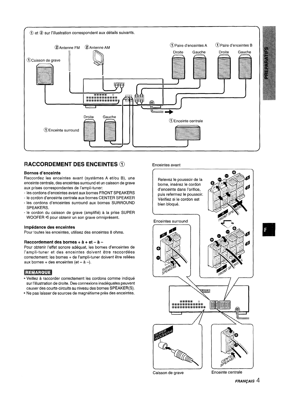 Aiwa AV-D55 manual LRACCORDEMENT DES Enceintes @, Rx%k, Impedance des enceintes, Raccordement des bornes + a + et a 