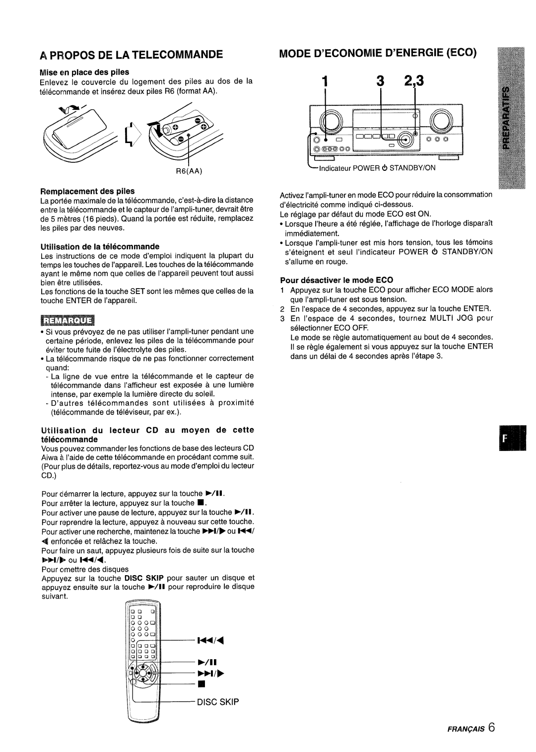 Aiwa AV-D55 manual PHI3POS DE LA Telecommande, Mode D’ECONOMIE D’ENERGIE ECO 