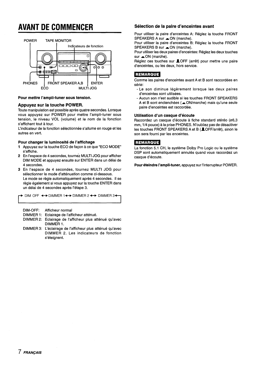 Aiwa AV-D55 manual Avant DE Commencer, Pour changer la Iuminosite de I’affichage, Selection de la paire d’enceintes avant 