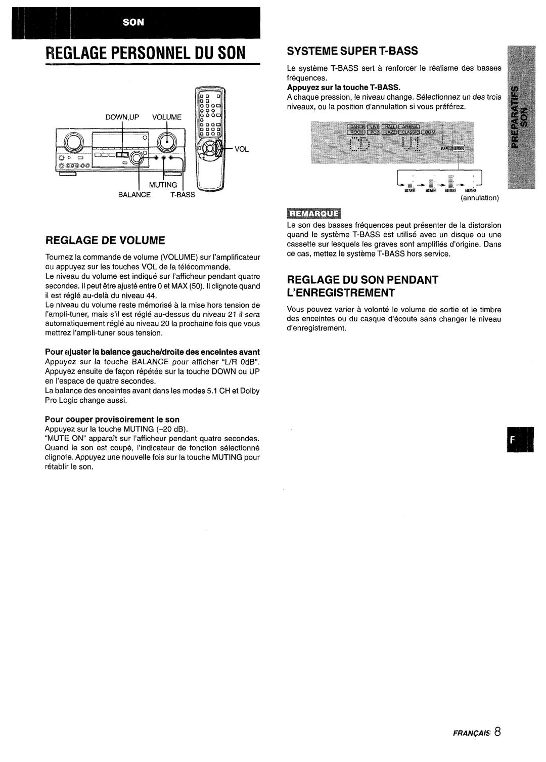 Aiwa AV-D55 manual Iwglage DE Volume, Systeme Super T-BASS, ’Enregistrement, Pour couper provisoirement Ie son 