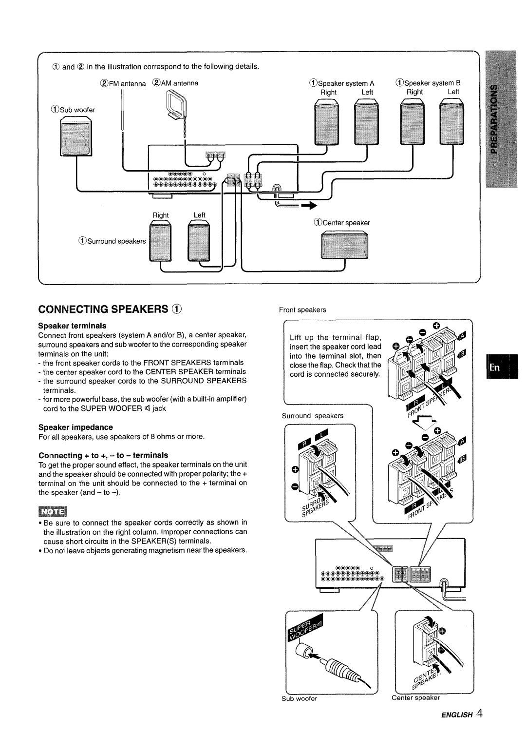 Aiwa AV-D55 manual Connecting Speakers @, Smsalw terminals, Speaker impedance, Connecting + to +, -to terminals, English ‘4 