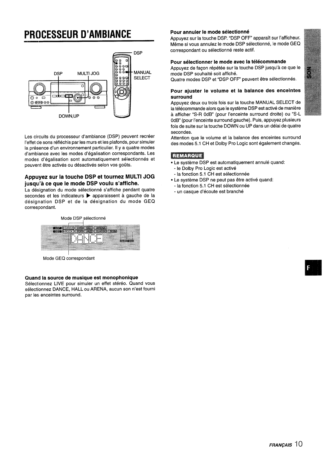 Aiwa AV-D55 manual Prcesseur D’AMBIANCE, CJuandla source de musique est monophonique, Pour annuler Ie mode sdectionne 