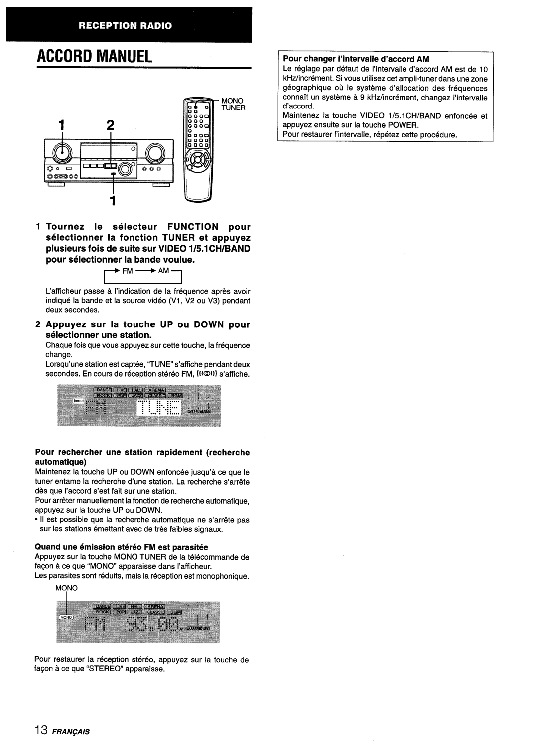 Aiwa AV-D55 Accord Manuel, Pour changer I’intervalle d’accord AM, Secondes. En tours de reception stereo FM, mms’affiche 