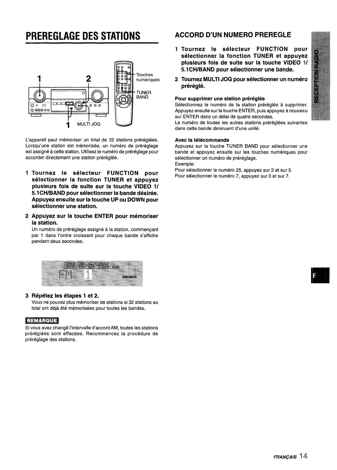 Aiwa AV-D55 manual Fwreglage DES Stations, Accord D’IJN Numero Pfieregle, Repetez Ies etapes 1 et, Avec la telecommande 