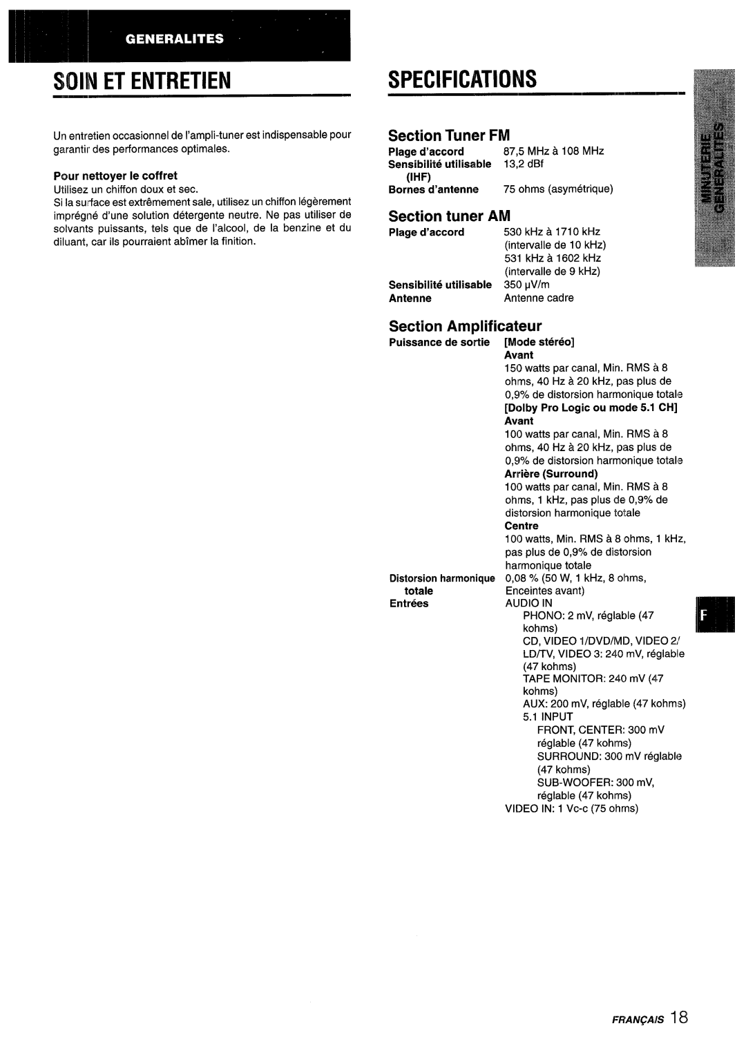 Aiwa AV-D55 manual Soin ET Entretien, Section Tuner, Section Amplificateur Puissance de sortie 