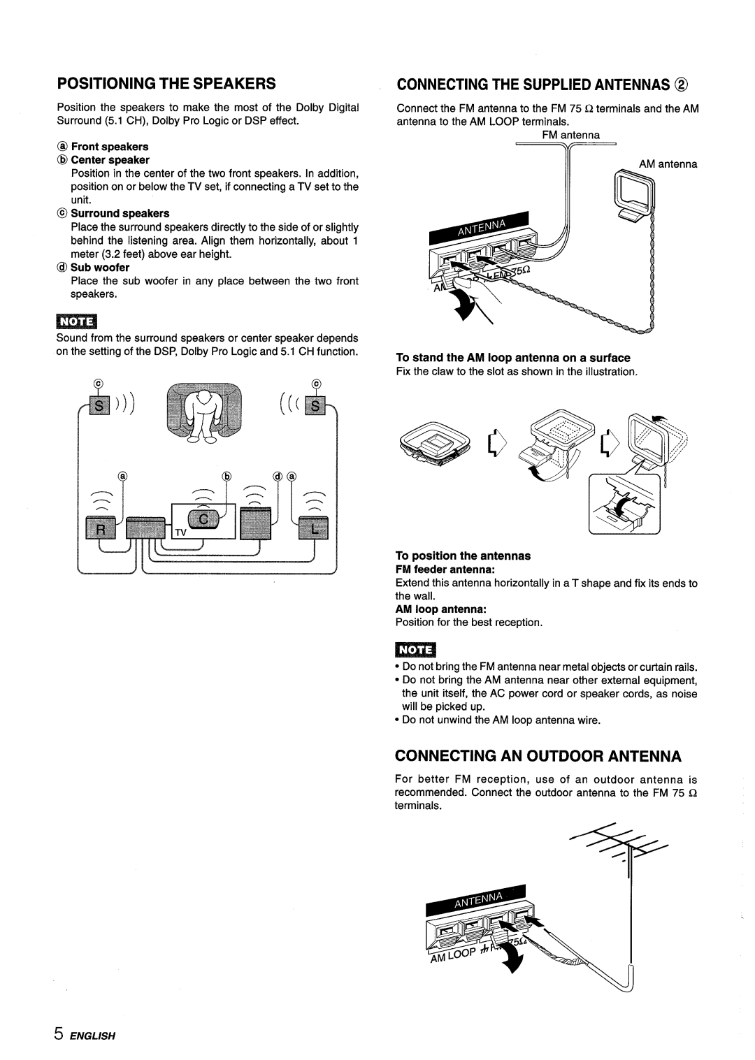 Aiwa AV-D55 manual Positioning the Speakers, Connecting the Supplied Antennas @, Connecting AN Outdoor Antenna 