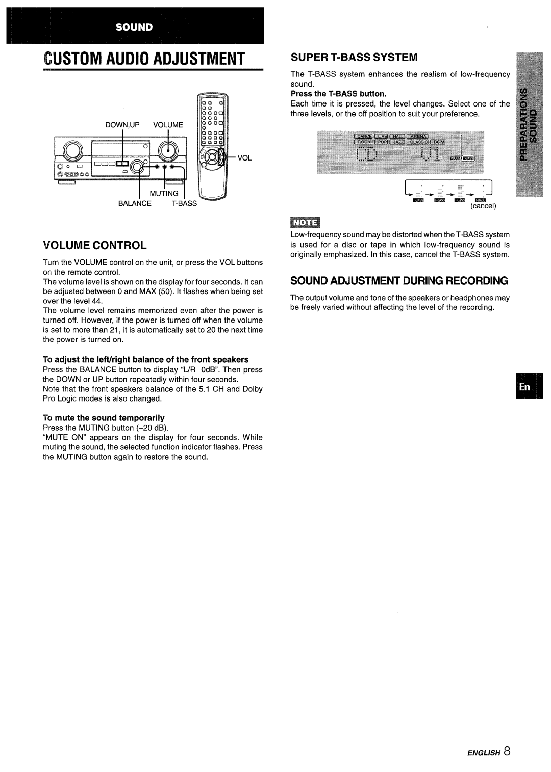 Aiwa AV-D55 manual Super T-BASS System, Volume Control, Sound Adjustment During Recording 