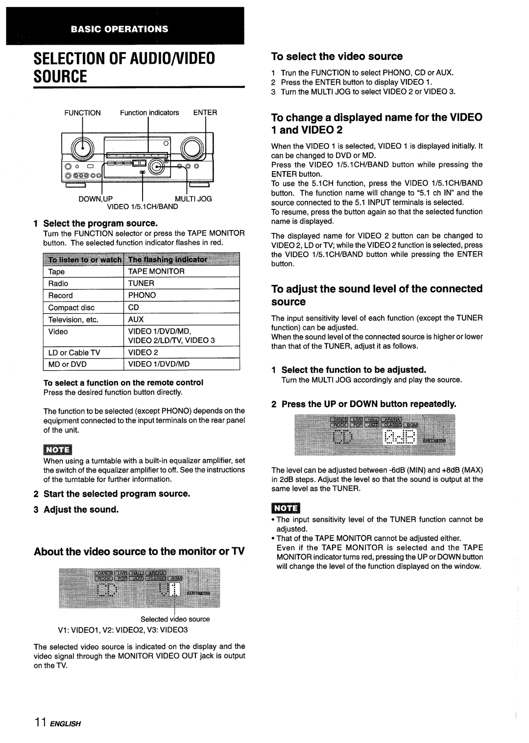 Aiwa AV-D55 manual Selection Of Audio/Video Source, About the video source to the monitor or TV, To select the video source 
