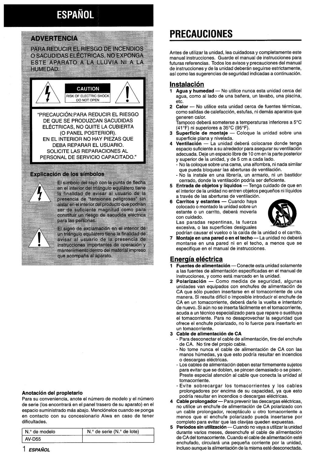 Aiwa AV-D55 manual Precauciones, Instalacion, Eneraia electrica, Anotacion del propletario, Cable de alimentacion de CA 
