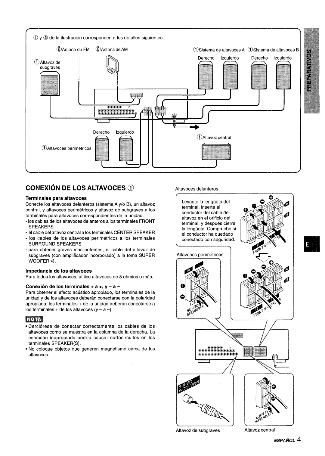 Aiwa AV-D55 manual “J-5, Conexion De Los Altavoces @, Terminals para altavoces, Irnpedancia de Ios altavoces 