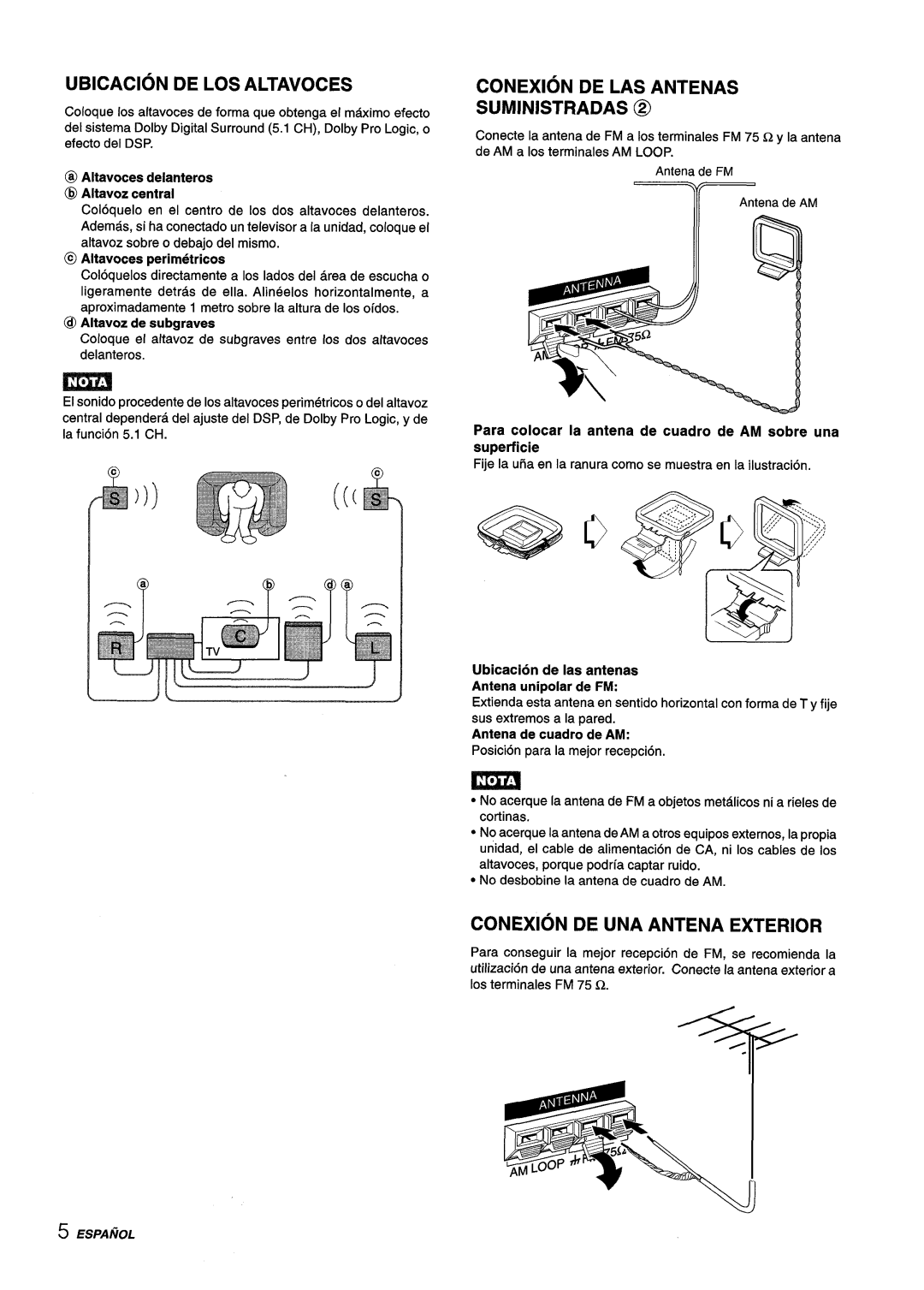 Aiwa AV-D55 manual Ubicacion De Los Altavoces, Conexion De Las Antenas Suministradas @, Conexion De Una Antena Exterior 