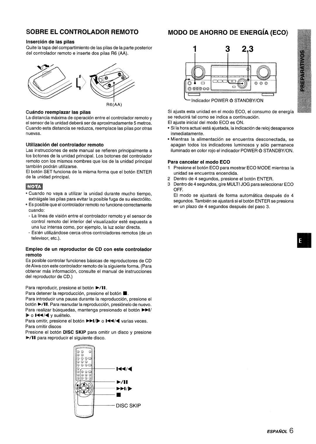 Aiwa AV-D55 manual +--&--Dl=Klp, 3 2,3, c-’--=, SOE3RE EL CONTROLADOR REMOTO, MODO DE AHORRO DE ENERGiA ECO, Espainol 