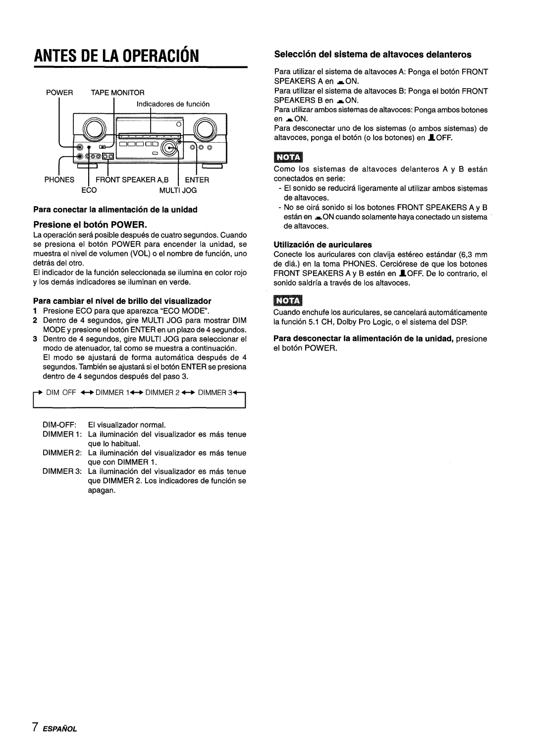 Aiwa AV-D55 manual Antes De La Operacion, Seleccion del sistema de altavoces delanteros, Utilization de auriculares 