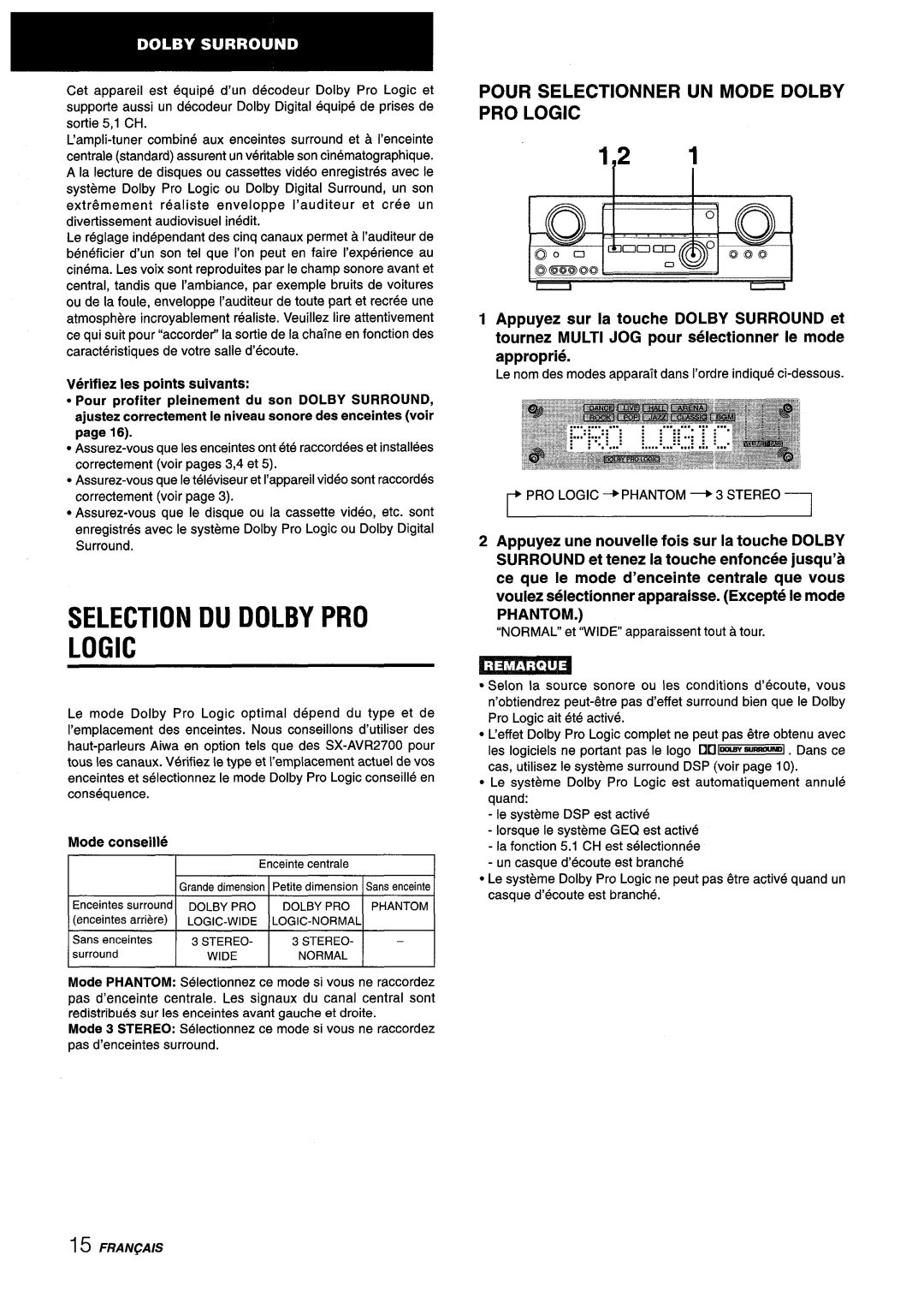 Aiwa AV-D55 manual Selection Du Dolby Pro Logic, Pour Selectionner Un Mode Dolby Pro Logic, Verifiez Ies points suivants 