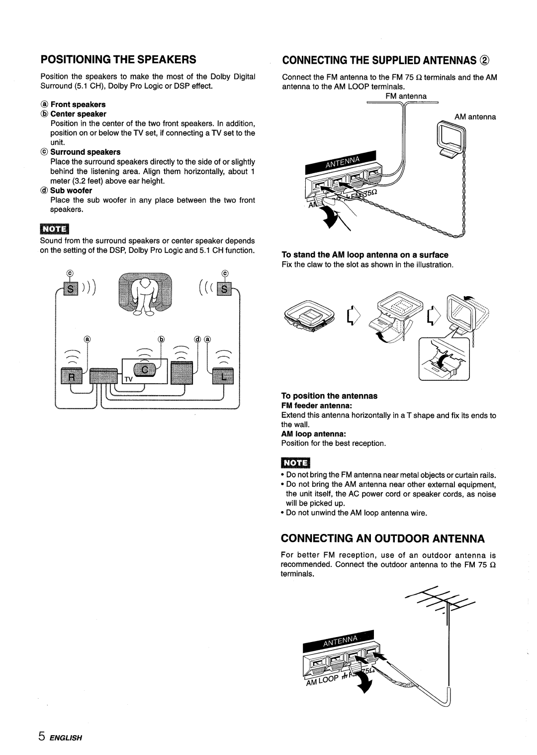Aiwa AV-D55 Positioning The Speakers, Connecting The Supplied Antennas @, Connecting An Outdoor Antenna, @ Sub woofer 