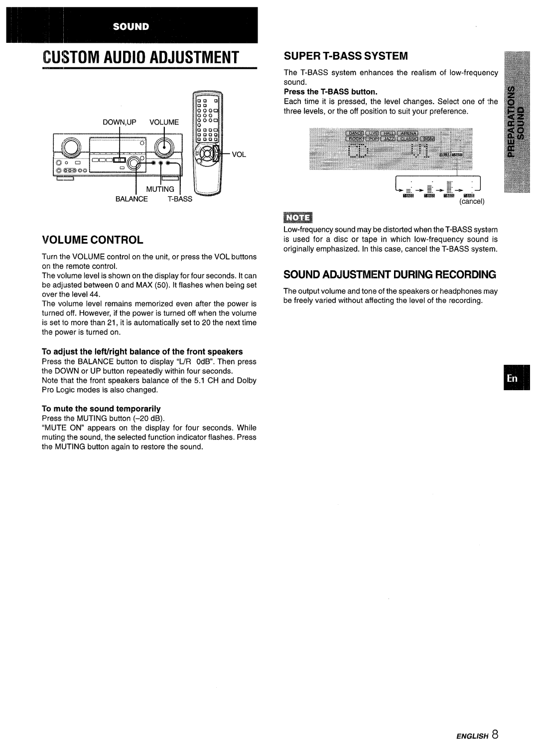 Aiwa AV-D55 manual Super T-Bass System, Volume Control, Sound Adjustment During Recording 