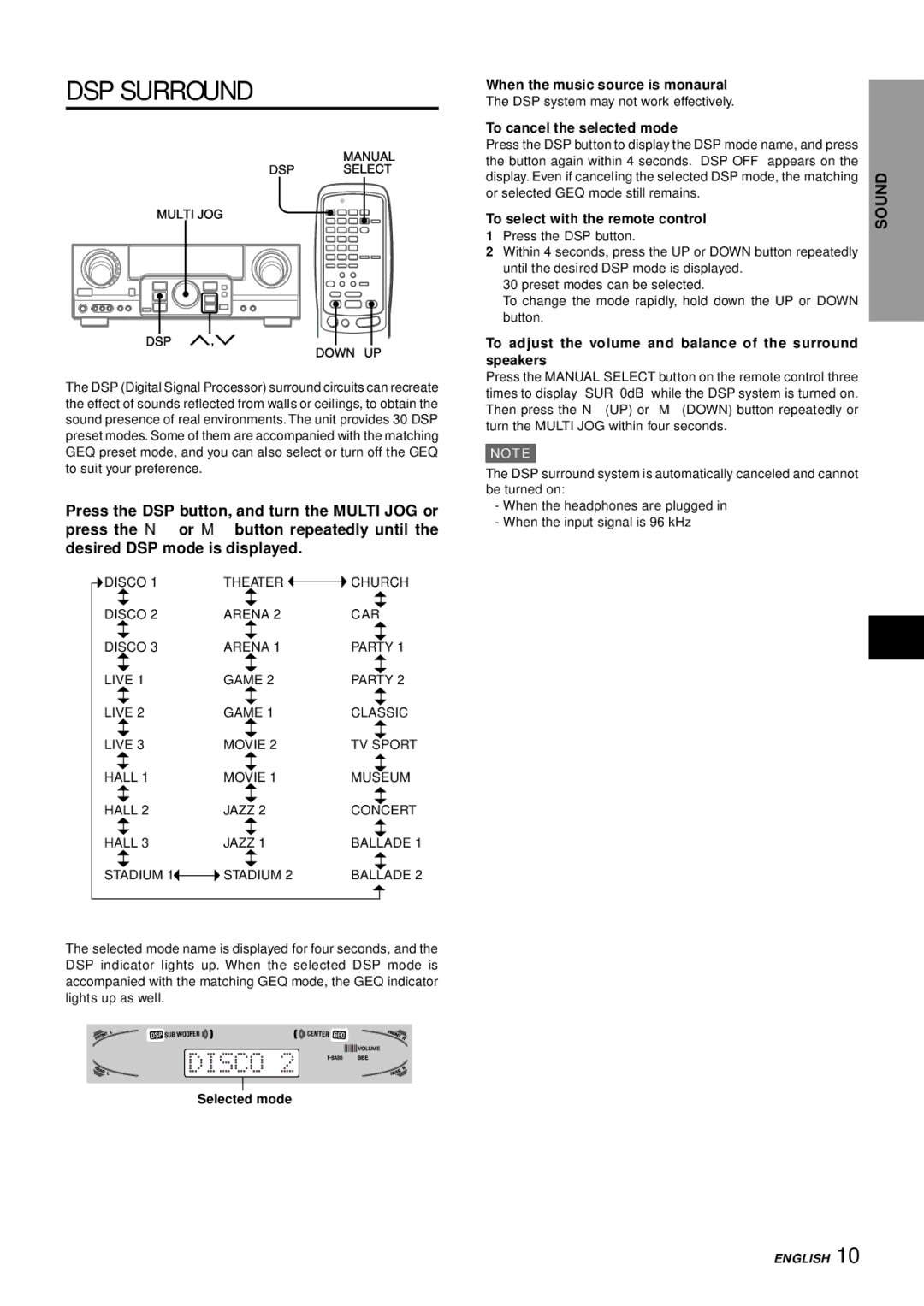 Aiwa AV-D77 DSP Surround, When the music source is monaural, To adjust the volume and balance of the surround speakers 