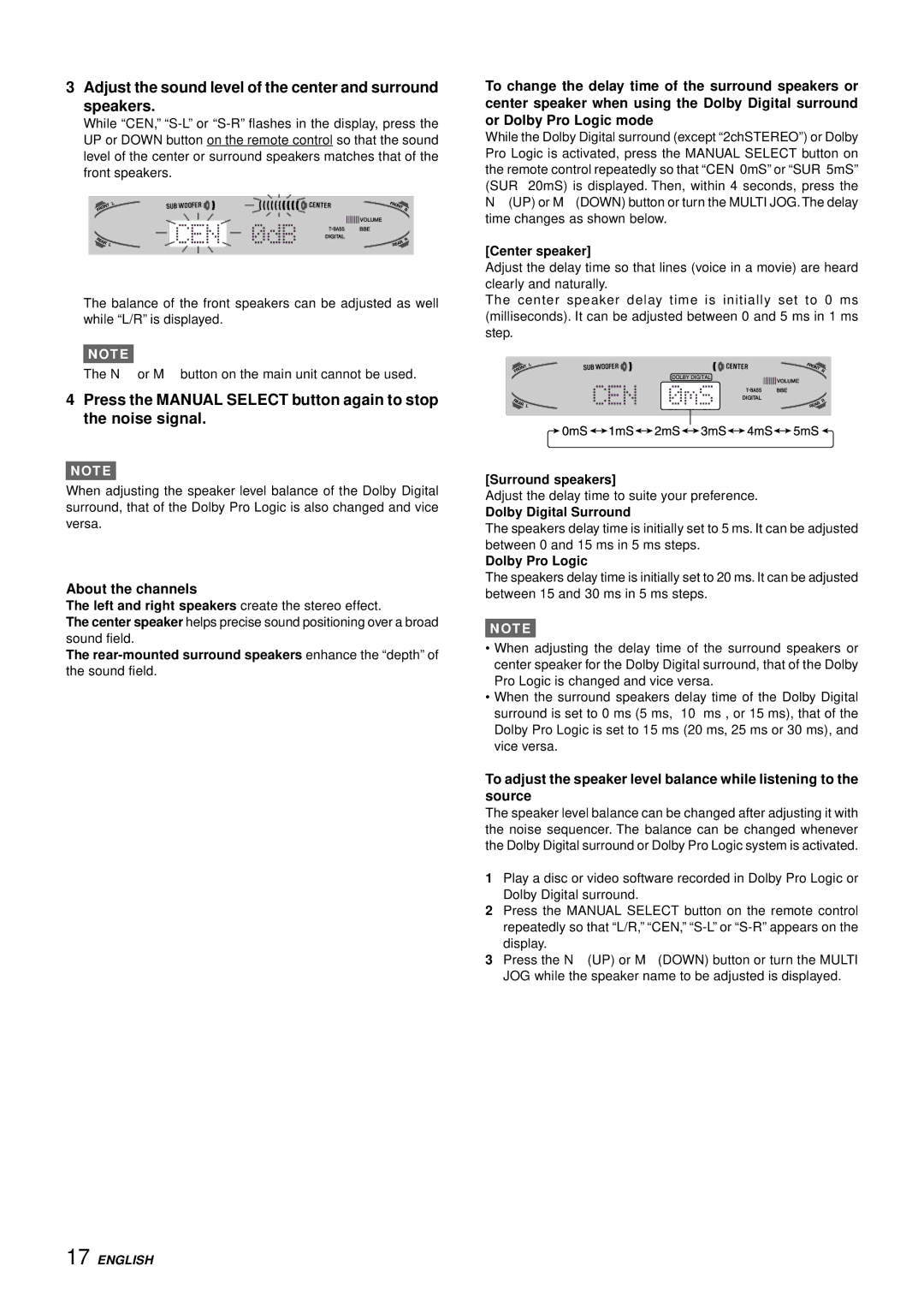 Aiwa AV-D77 manual Adjust the sound level of the center and surround speakers, About the channels 