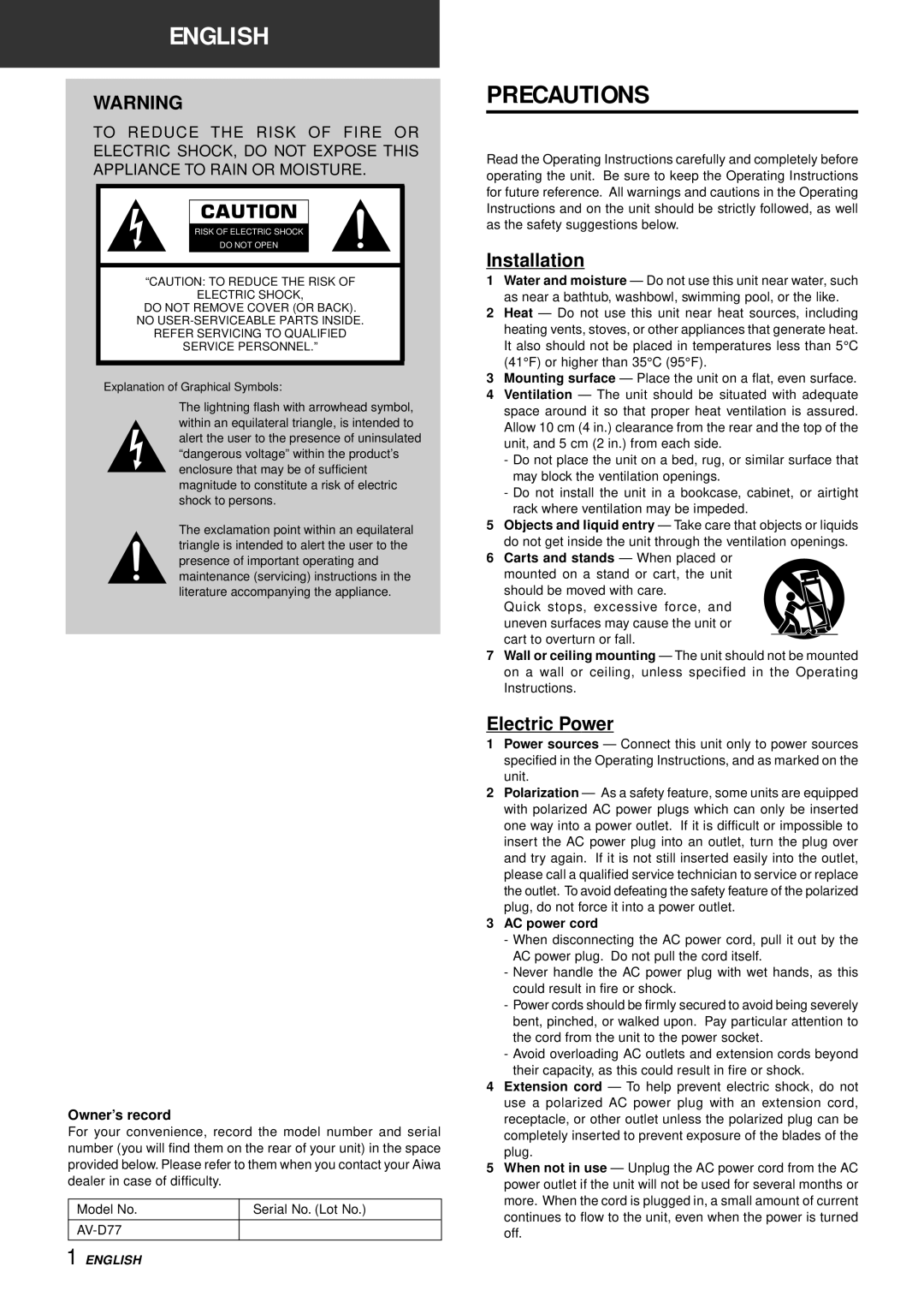 Aiwa AV-D77 manual Precautions, Installation, Electric Power, Owner’s record, AC power cord 