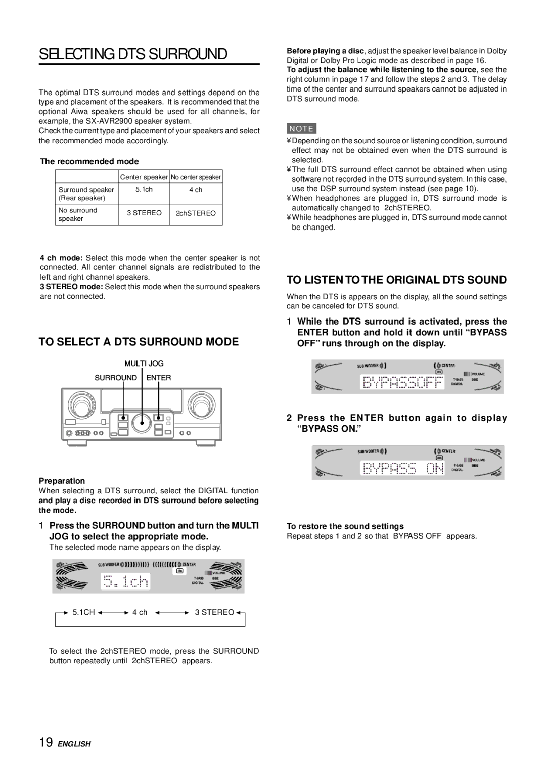 Aiwa AV-D77 manual Selecting DTS Surround, To Select a DTS Surround Mode, To Listen to the Original DTS Sound, Stereo 