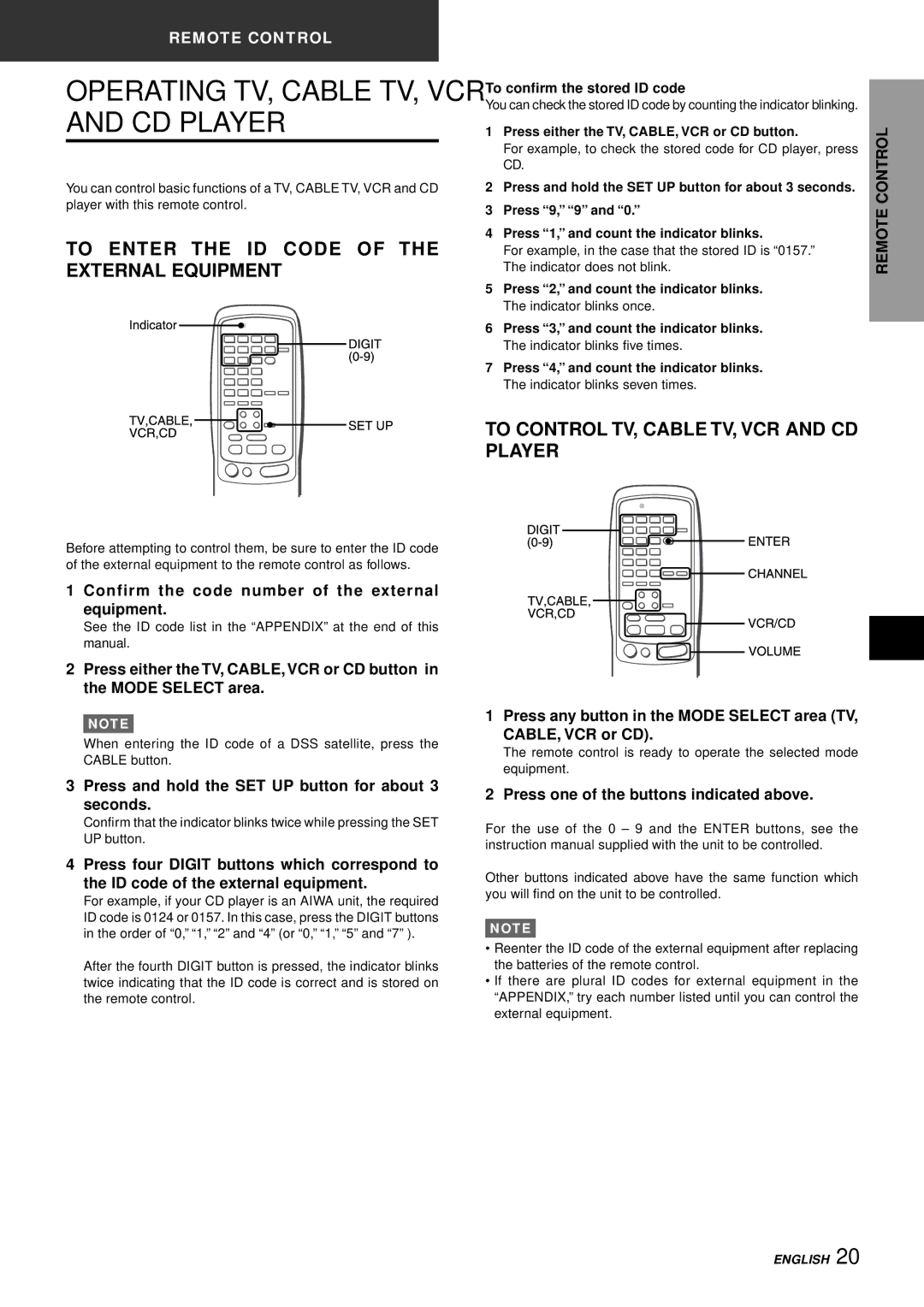 Aiwa AV-D77 manual Operating TV, Cable TV, VCR and CD Player, To Enter the ID Code of the External Equipment 