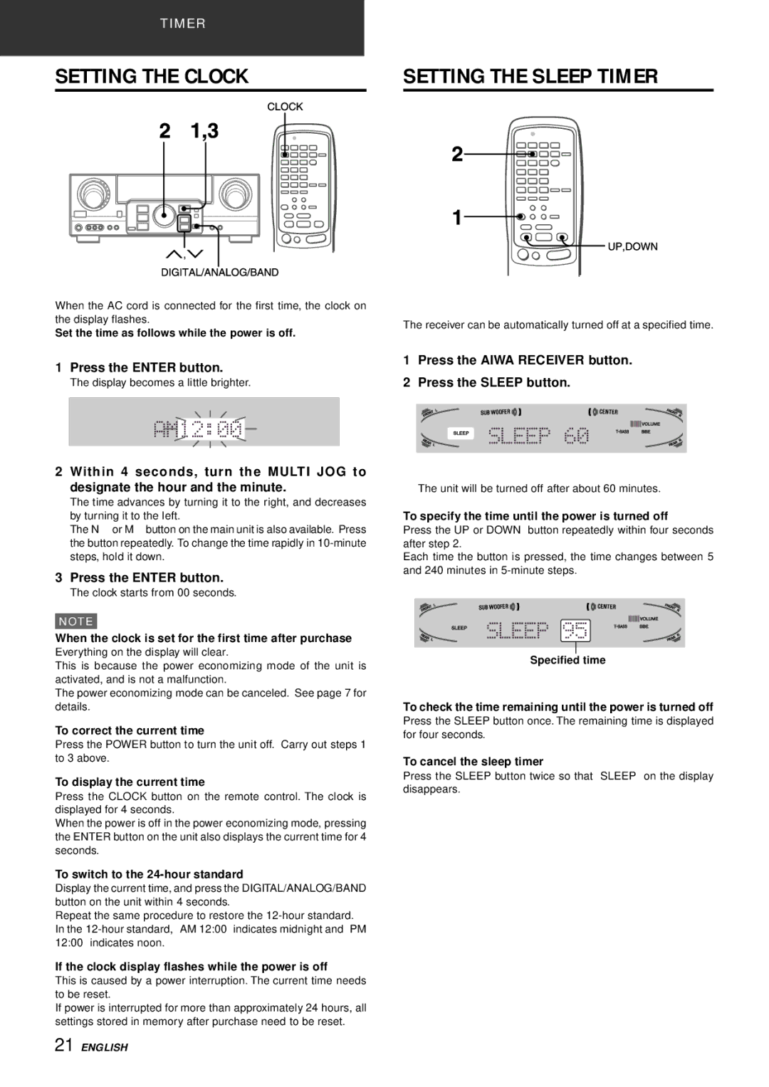 Aiwa AV-D77 manual Setting the Clock, Setting the Sleep Timer, Press the Enter button 