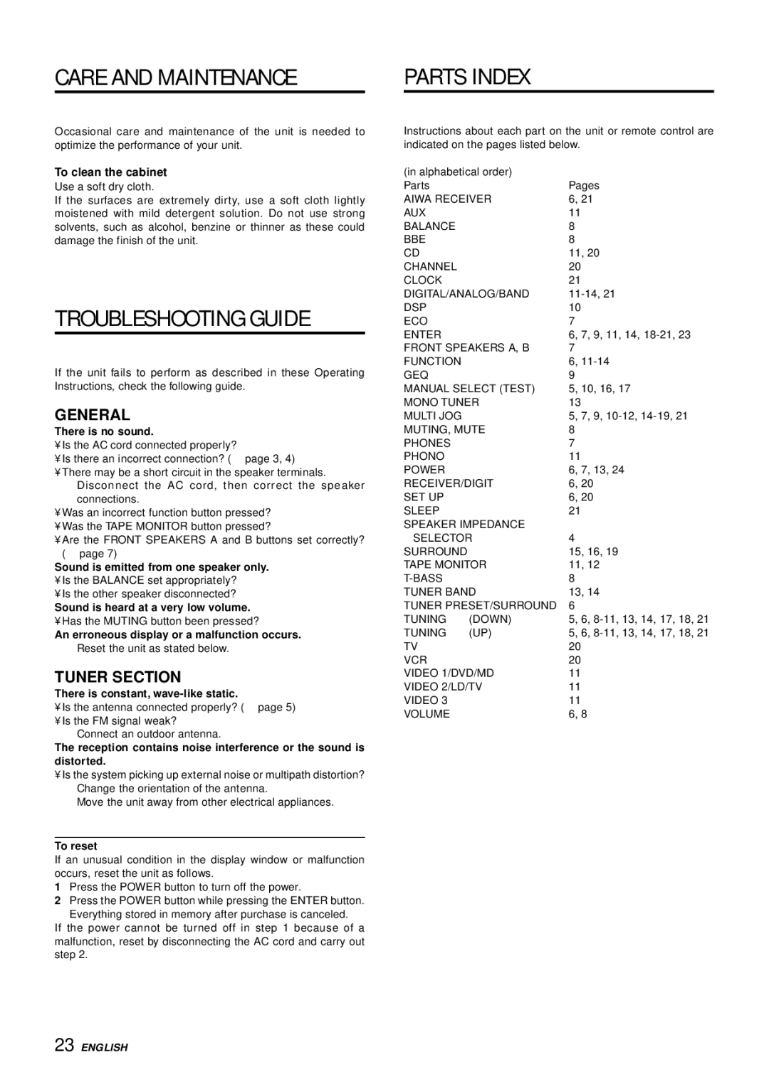 Aiwa AV-D77 manual Care and Maintenance Parts Index, Troubleshooting Guide, General, Tuner Section, To clean the cabinet 