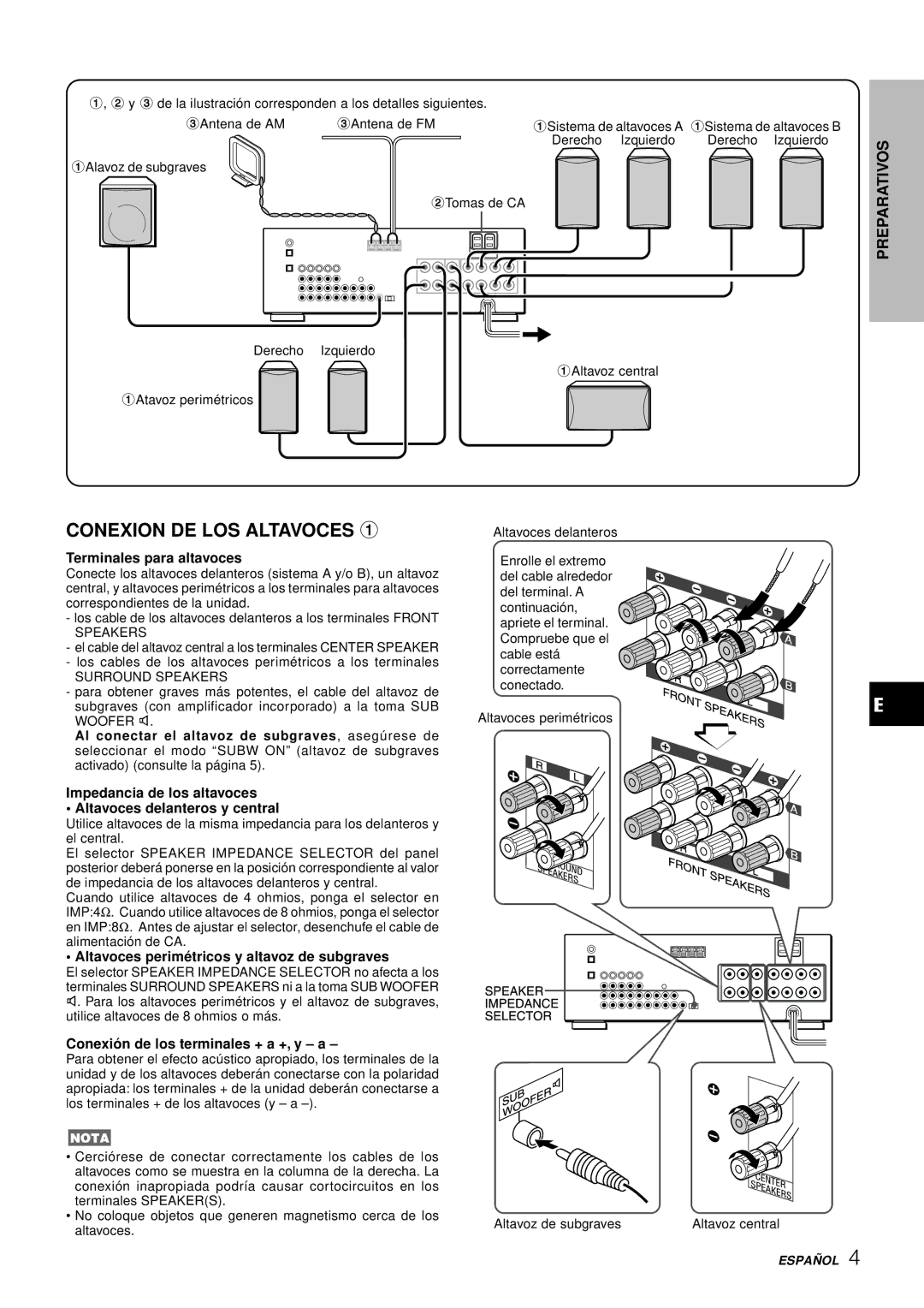 Aiwa AV-D77 manual Conexion DE LOS Altavoces, Terminales para altavoces, Altavoces perimé tricos y altavoz de subgraves 