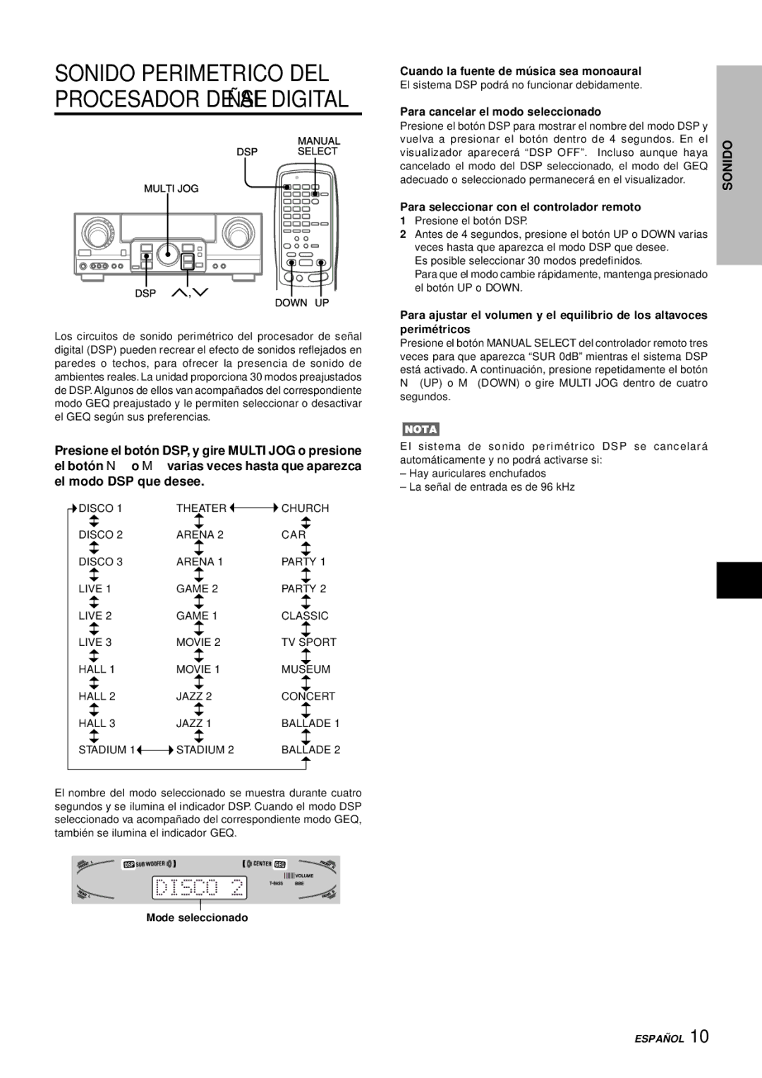 Aiwa AV-D77 manual Cuando la fuente de mú sica sea monoaural, JAZ BAL ADE Stadium Ballade, Mode seleccionado 