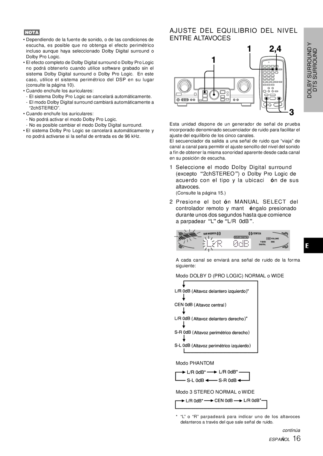 Aiwa AV-D77 manual Ajuste DEL Equilibrio DEL Nivel Entre Altavoces, DTS Surround 