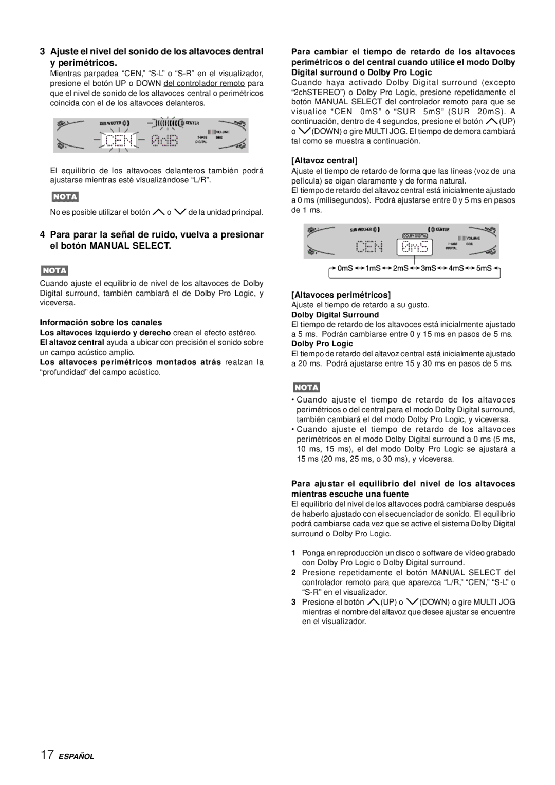 Aiwa AV-D77 manual Informació n sobre los canales, Altavoz central, Altavoces perimé tricos 