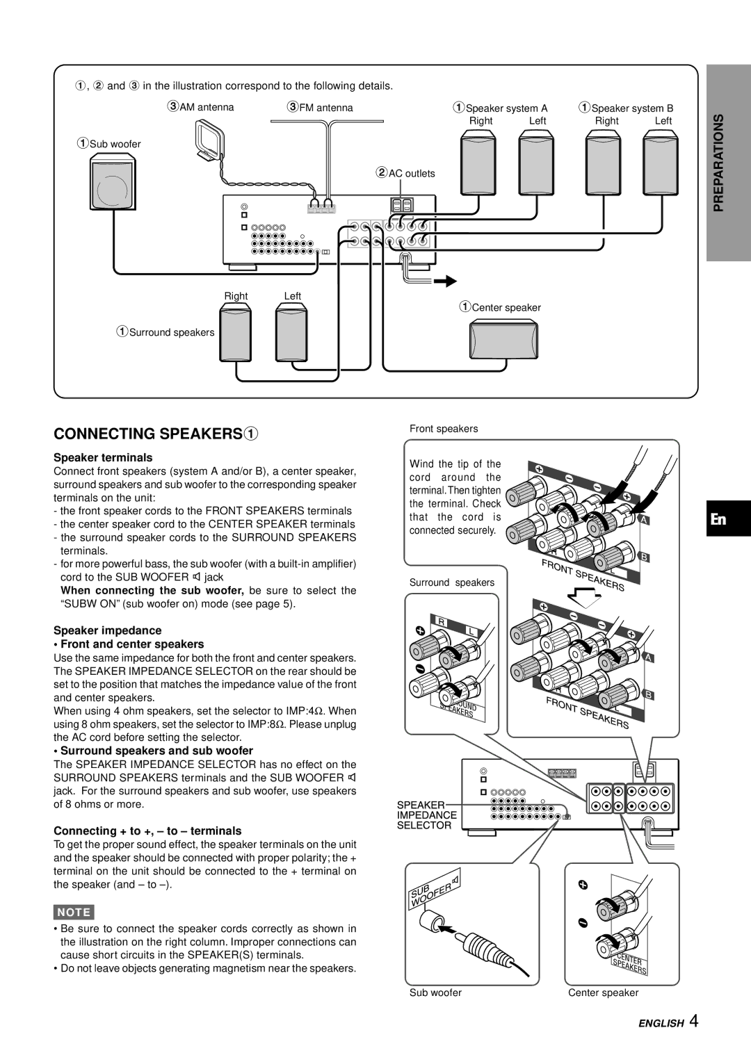 Aiwa AV-D77 manual Connecting SPEAKERS1, Speaker terminals, Speaker impedance Front and center speakers 