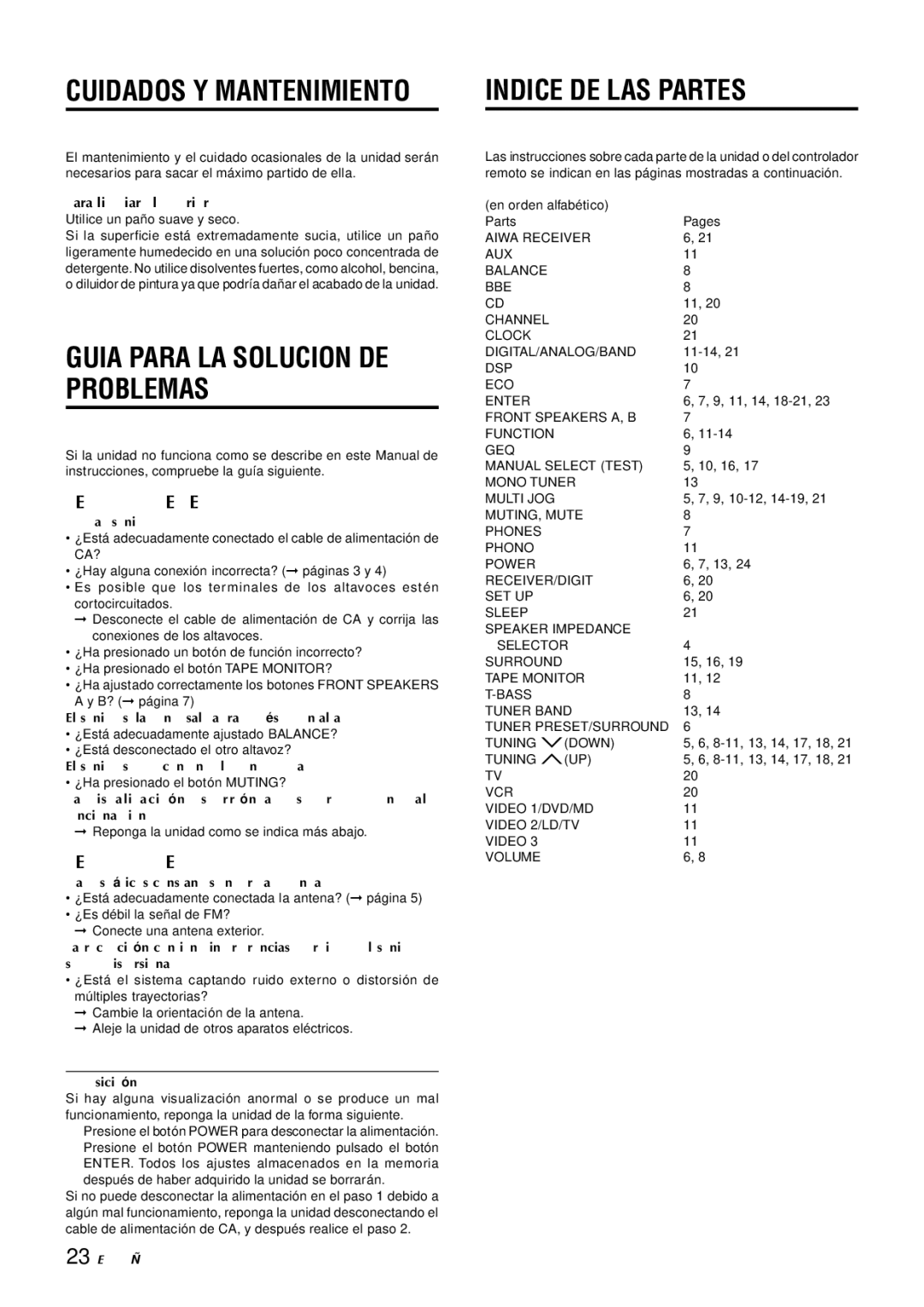 Aiwa AV-D77 manual Indice DE LAS Partes, Seccion General, Seccion DEL Sintonizador, Para limpiar el exterior 