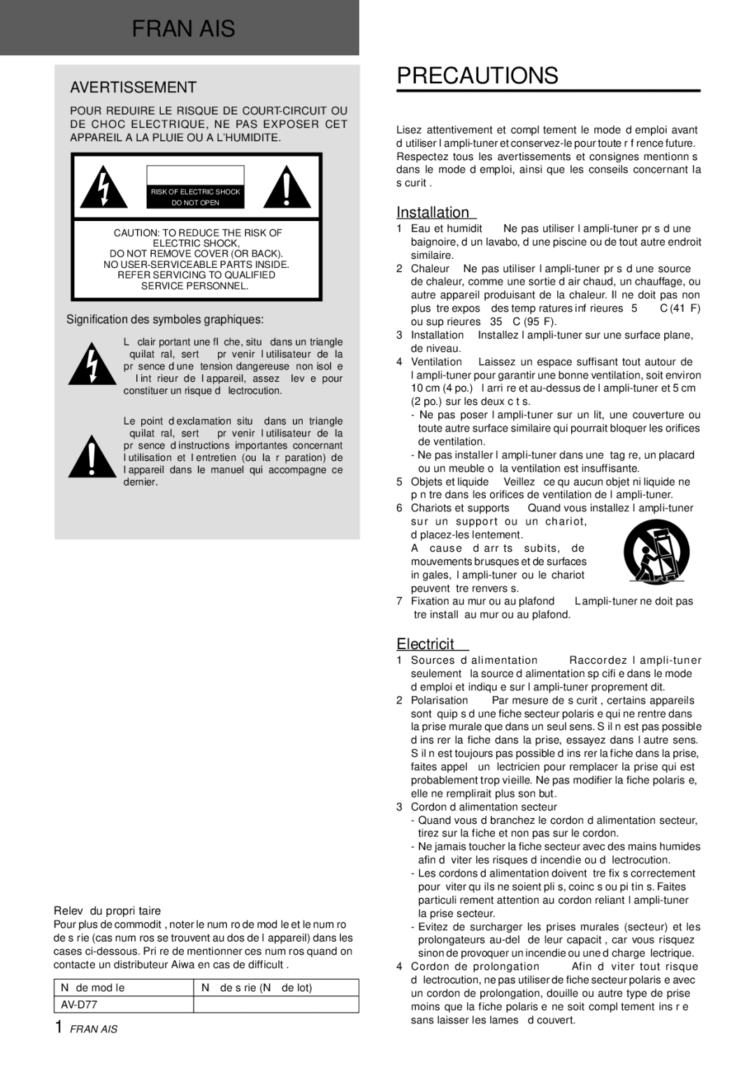 Aiwa AV-D77 manual Avertissement, Electricité, Signification des symboles graphiques, Relevé du propriétaire 