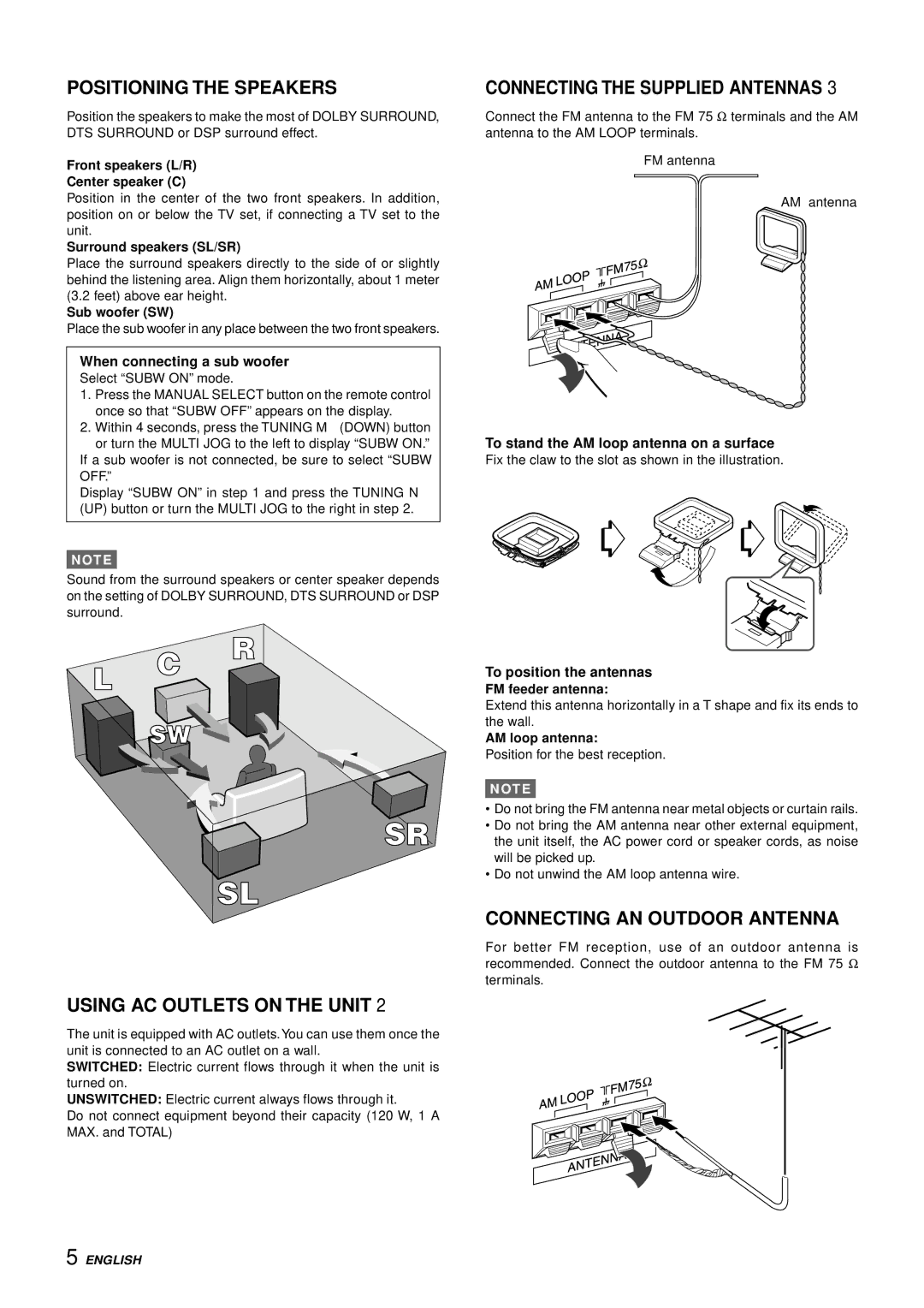 Aiwa AV-D77 manual Positioning the Speakers, Using AC Outlets on the Unit, Connecting the Supplied Antennas 