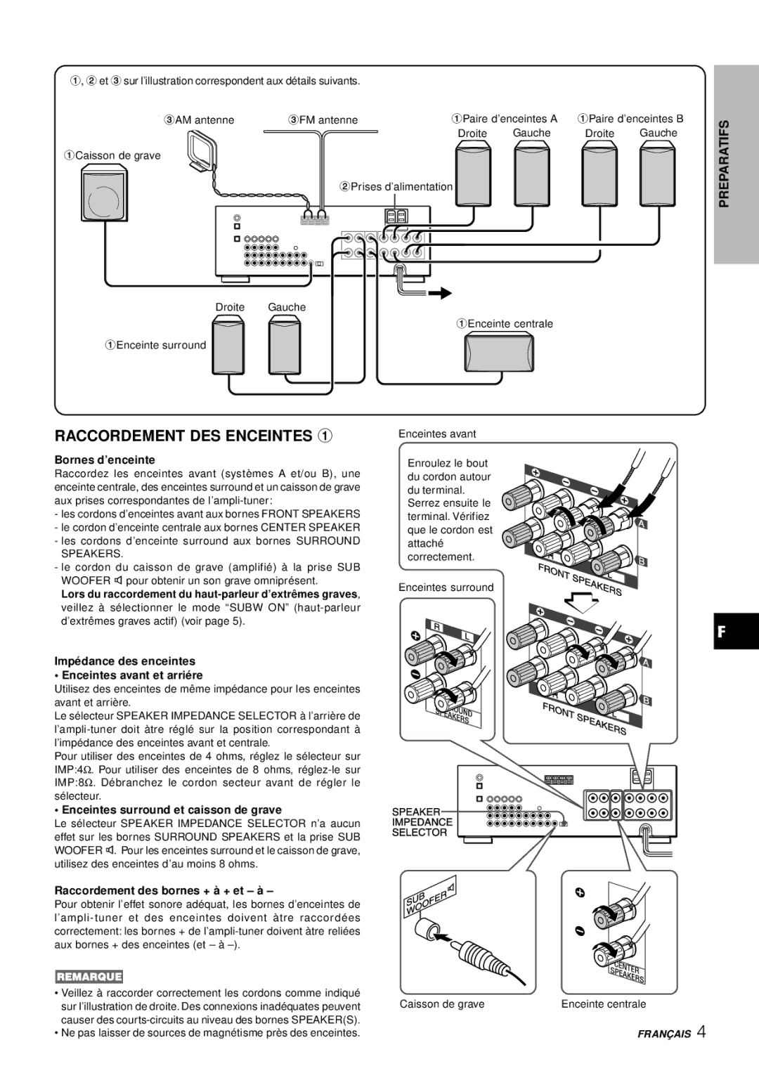 Aiwa AV-D77 manual Raccordement DES Enceintes, Bornes d’enceinte, Impé dance des enceintes Enceintes avant et arrié re 