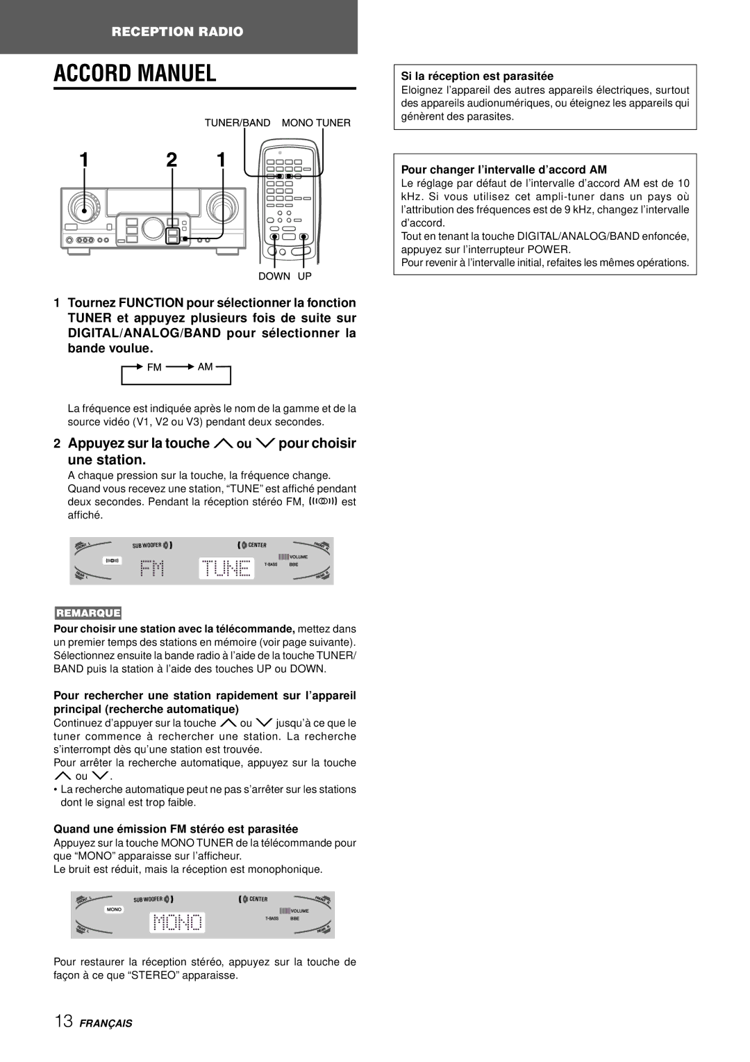 Aiwa AV-D77 manual Accord Manuel, Quand une é mission FM sté ré o est parasité e, Si la ré ception est parasité e 