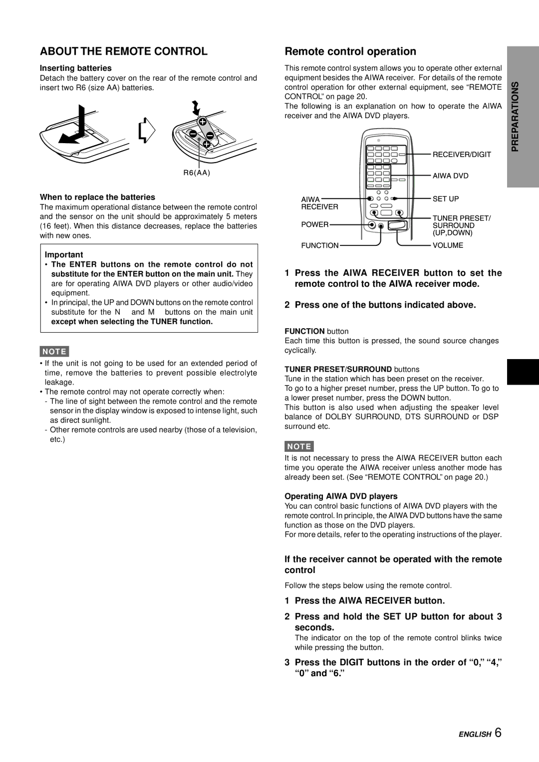 Aiwa AV-D77 About the Remote Control, Remote control operation, If the receiver cannot be operated with the remote Control 