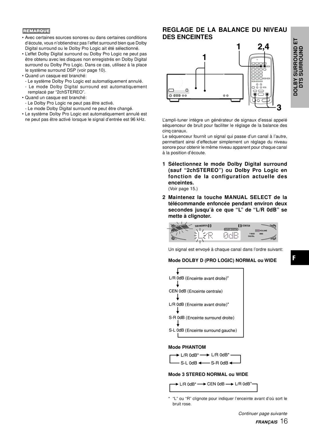 Aiwa AV-D77 manual Reglage DE LA Balance DU Niveau DES Enceintes, Dolbydts Surround Etsurround 