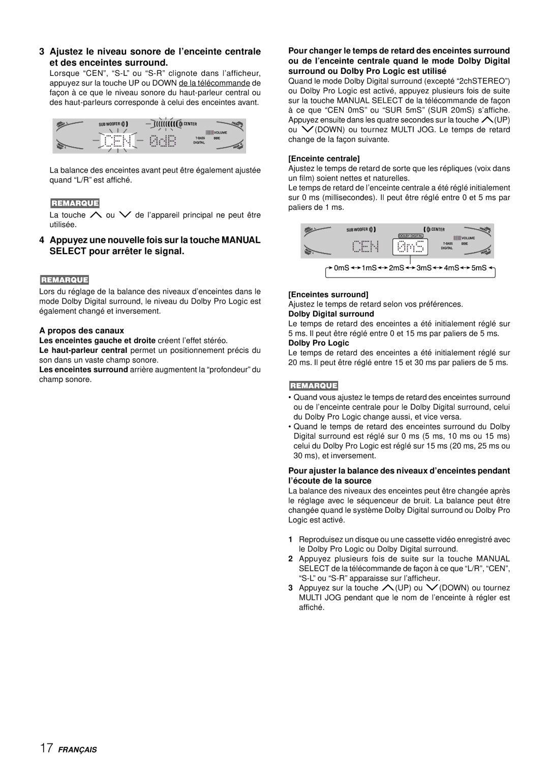 Aiwa AV-D77 Propos des canaux, Enceinte centrale, Les enceintes gauche et droite créent l’effet stéréo, Enceintes surround 