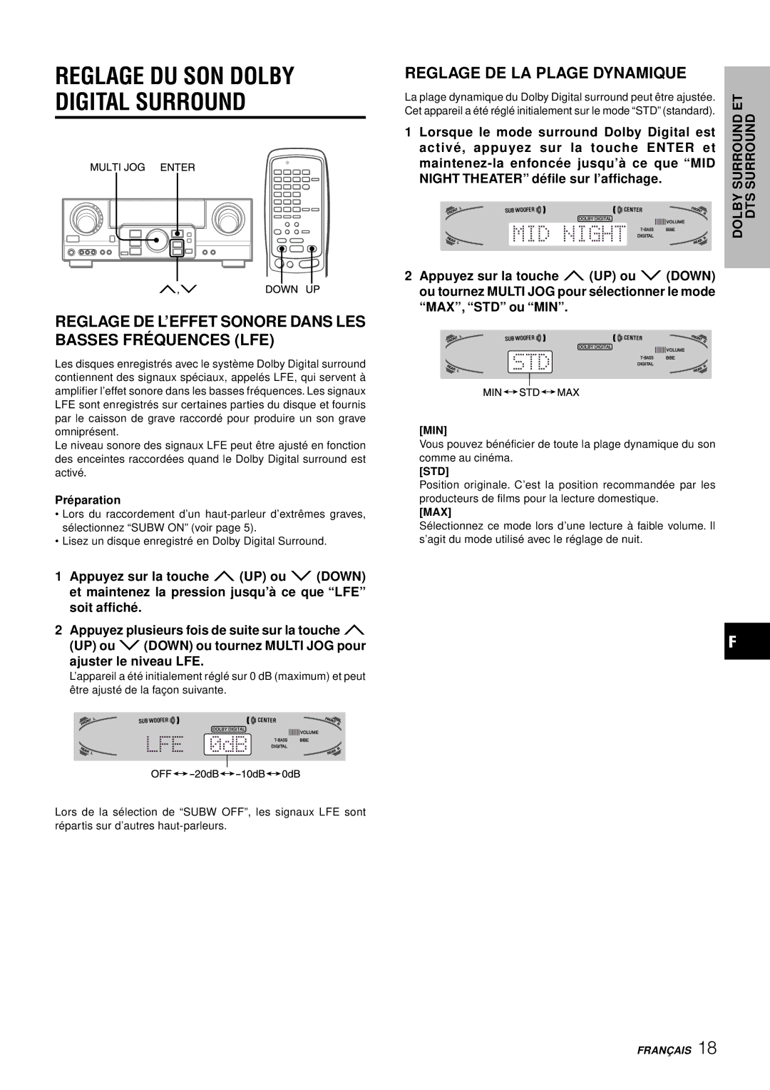 Aiwa AV-D77 manual Reglage DE L’EFFET Sonore Dans LES Basses FRÉ Quences LFE, Reglage DE LA Plage Dynamique, Pré paration 