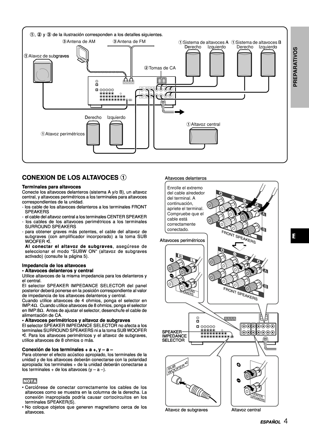 Aiwa AV-D77 Conexion De Los Altavoces, Preparativos, Terminales para altavoces, Impedancia de los altavoces, 3Antena de AM 