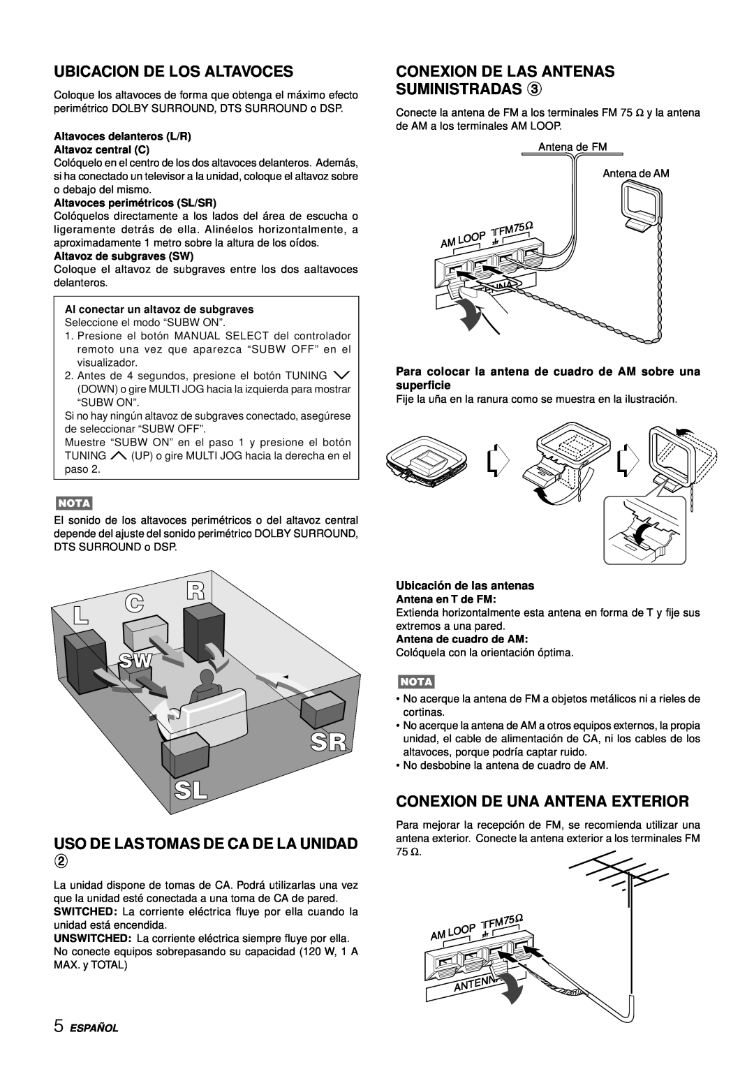Aiwa AV-D77 manual Ubicacion De Los Altavoces, Uso De Las Tomas De Ca De La Unidad, Conexion De Las Antenas Suministradas 