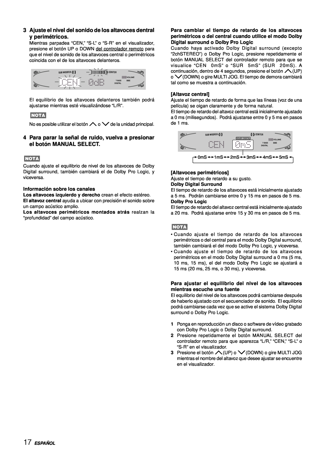 Aiwa AV-D77 manual Informació n sobre los canales, Altavoz central, Altavoces perimé tricos, Dolby Digital Surround 