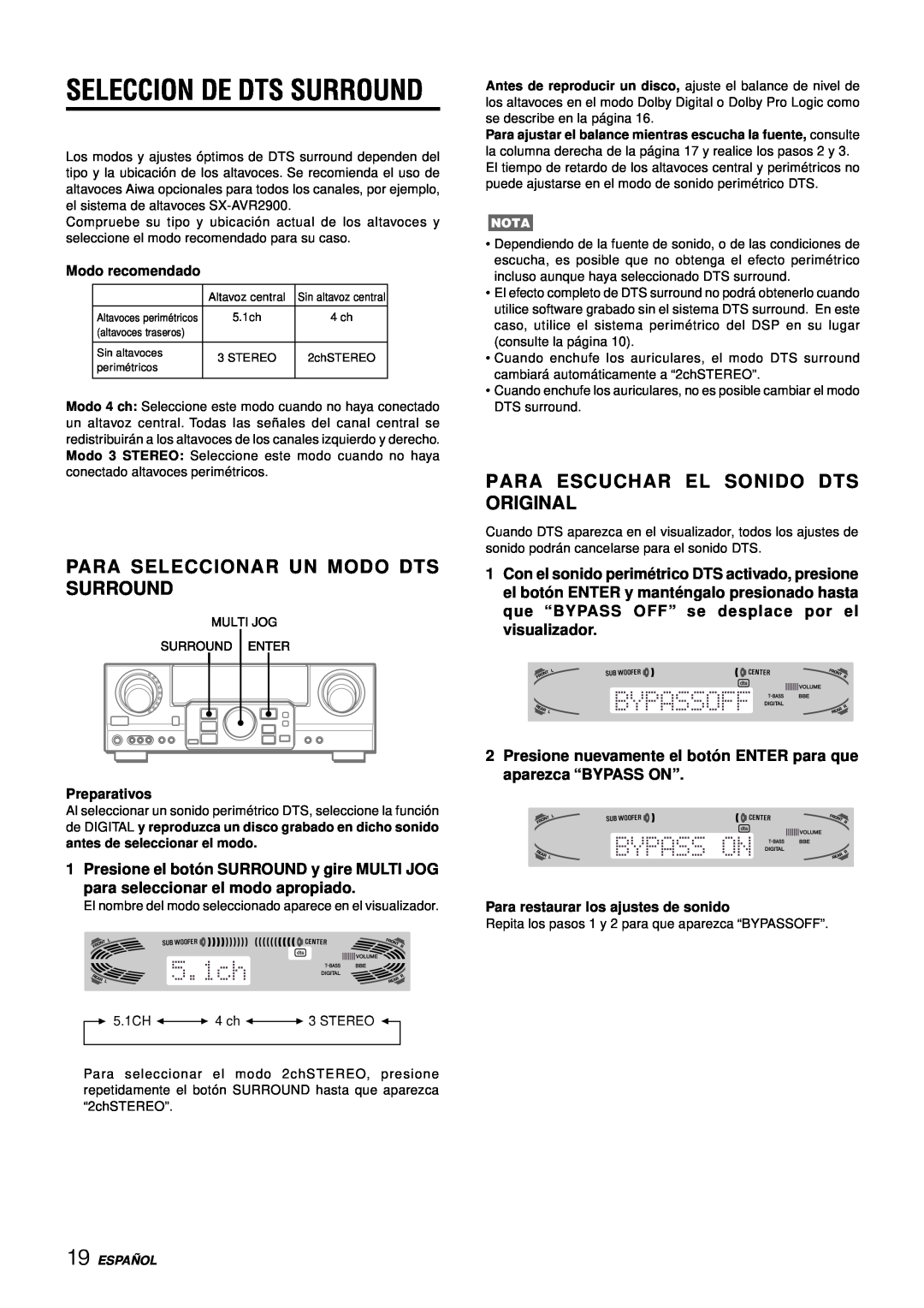 Aiwa AV-D77 manual Seleccion De Dts Surround, Para Seleccionar Un Modo Dts Surround, Para Escuchar El Sonido Dts Original 