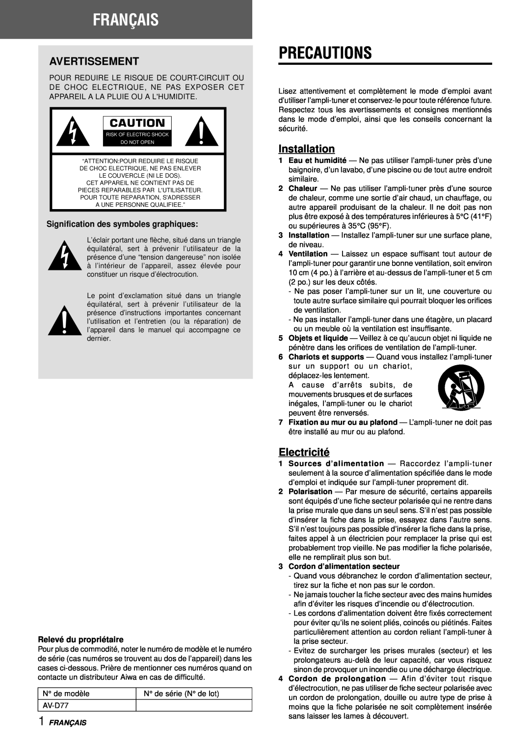 Aiwa AV-D77 manual Français, Avertissement, Electricité, Precautions, Installation, Signification des symboles graphiques 