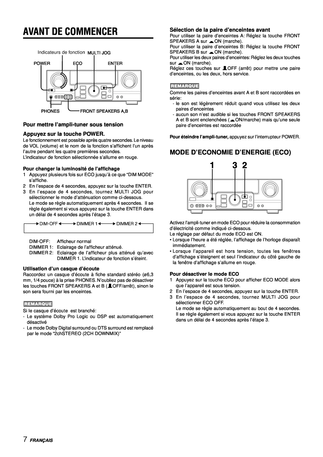 Aiwa AV-D77 manual Avant De Commencer, Mode D’Economie D’Energie Eco, Pour mettre l’ampli-tunersous tension, Franç Ais 