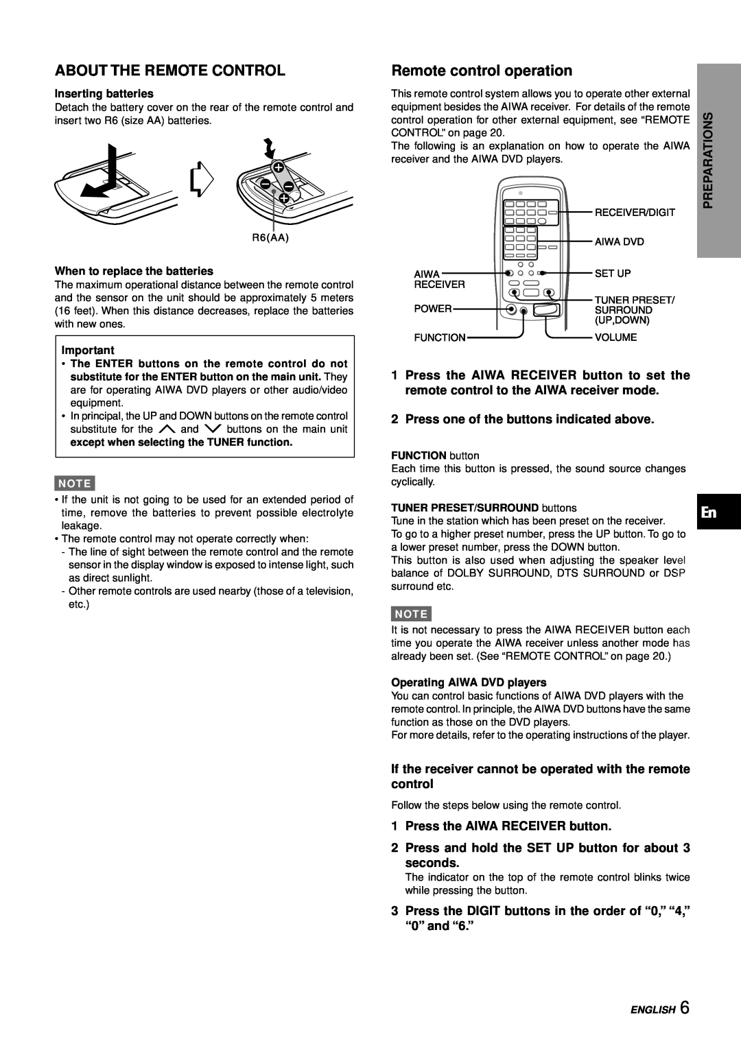 Aiwa AV-D77 About The Remote Control, Remote control operation, Press one of the buttons indicated above, seconds, English 